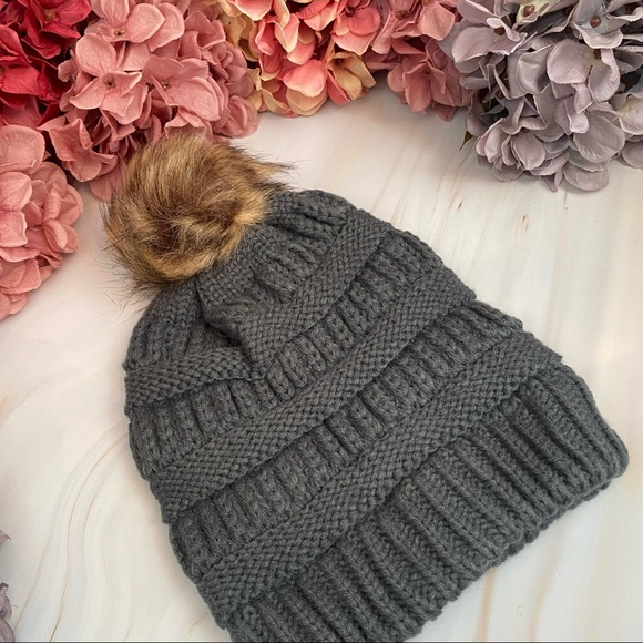 Dark Gray Knit Criss Cross Ponytail Pom Pom Beanie with Mask Buttons - Picture 8 of 15